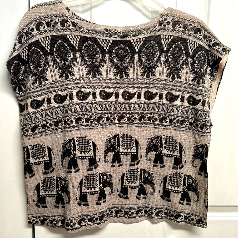Ginger G Brown Black India Elephant Print Boxy Knit Top Size XL